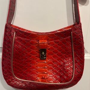 Brahmin Red Croc-Embossed Shoulder Bag with Turn-Lock